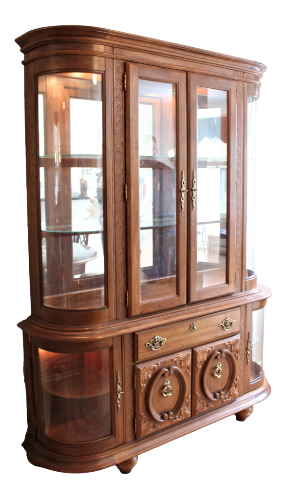 Carved Oak China with Curved Glass Lights on Top and Bottom