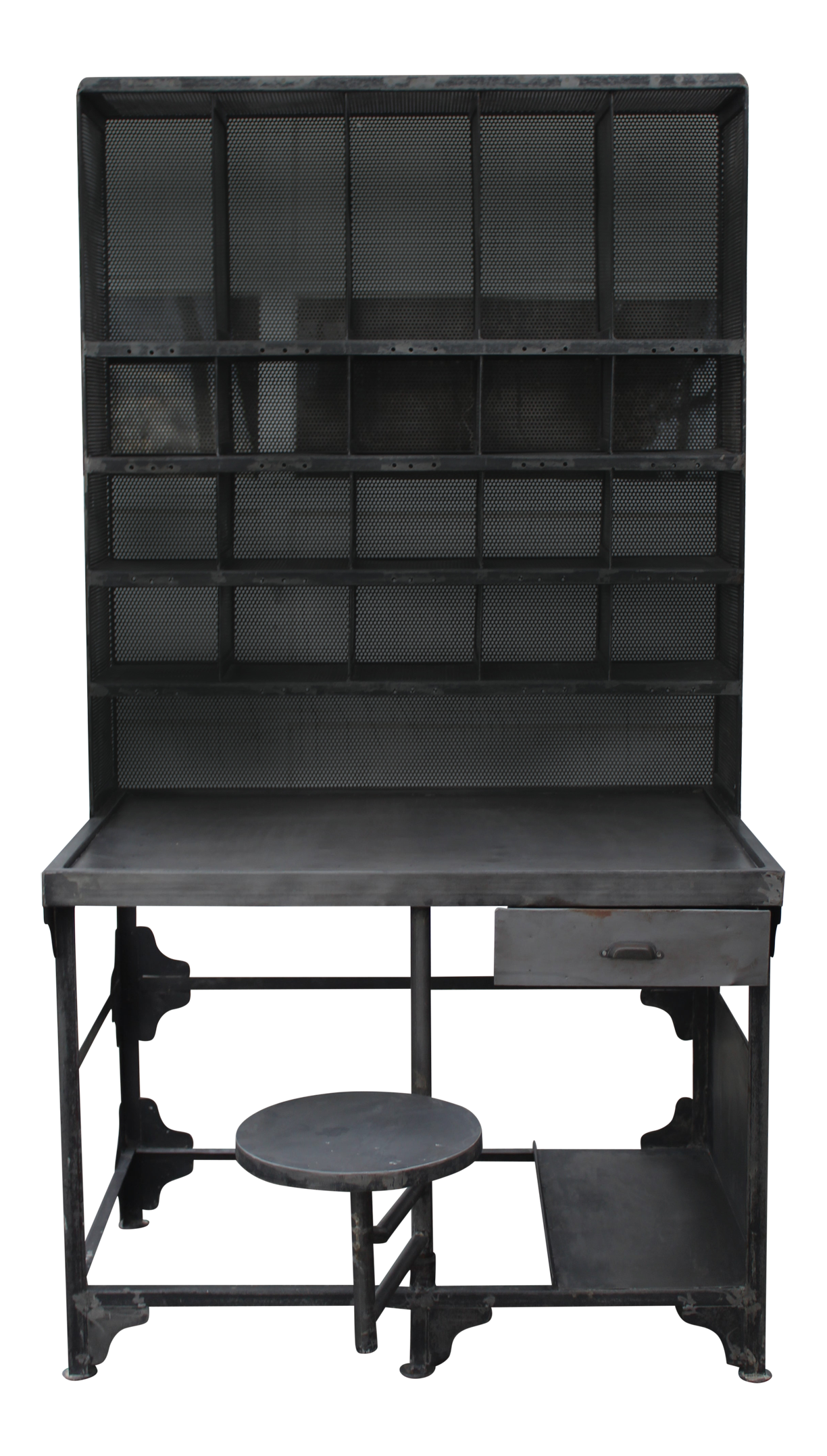 Industrial Metal Vintage Style Postal Sorting Desk with Built in Stool